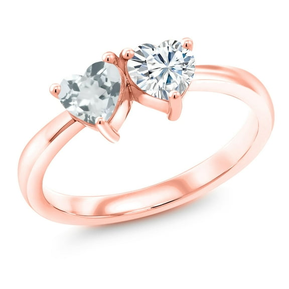 Gem Stone King 18K Rose Gold Plated Silver Ring Heart Shape Sky Blue Aquamarine and Moissanite (0.84 Cttw, Size 7)