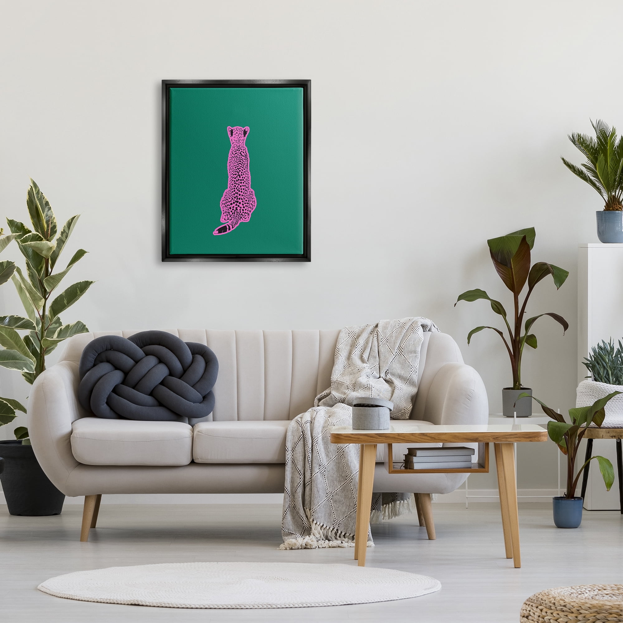 Stupell Industries Pink Cheetah on Green Animals & Insects Painting Black Floater Framed Canvas Art Print Wall Art, 25 x 31