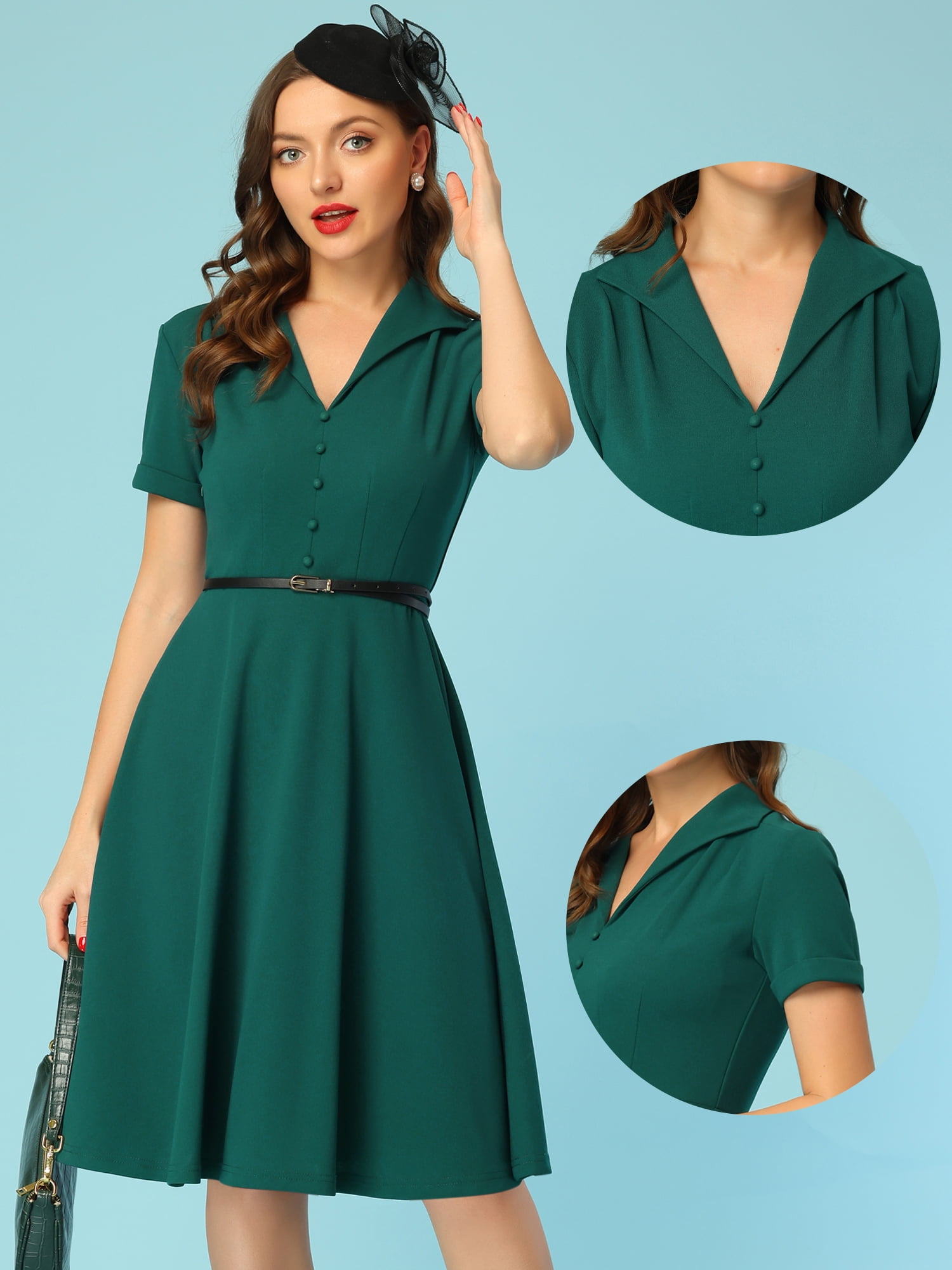 DARING DIVA 1950s Retro Vintage Short Sleeve V Neck A-Line Swing Dresses XL Dark Green