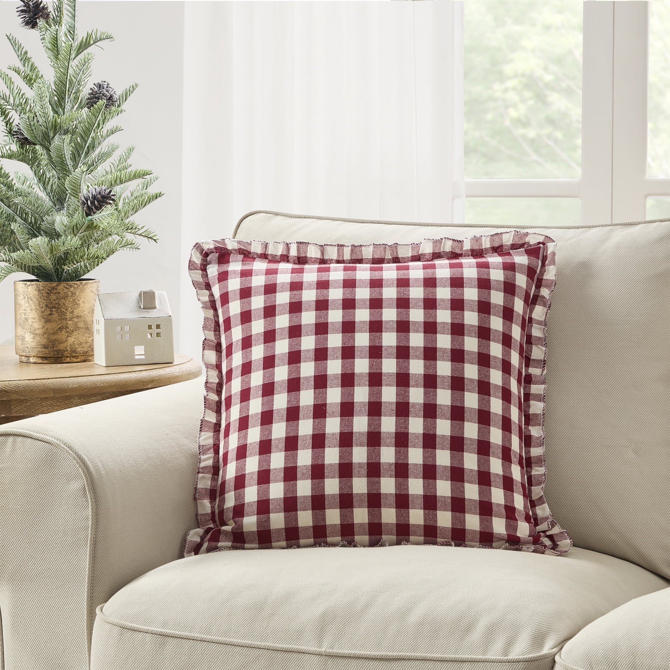My Texas House 18" x 18" Ivory /Red Micro Gingham Decorative Pillow