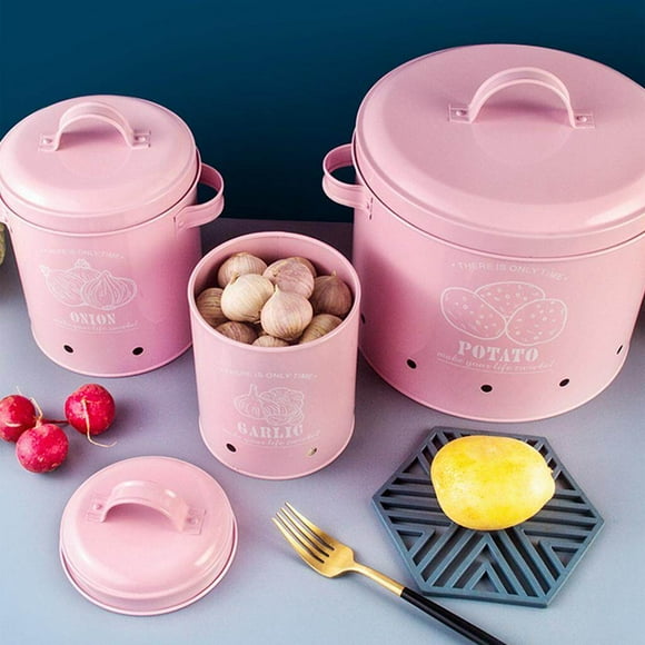 serony 3Pcs Potatoes Onions Garlic Bin Kitchen Storage Kitchen food container storage Storage Tins Canisters Containers with 2 Handles Pink