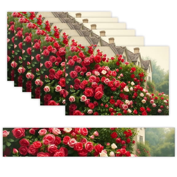 7 Piece Linen Table Runner and Placemats Set, Rose Bush House Round Corner Heat Resistant Washable Table Mats for Home Kitchen Dining Party Decoration