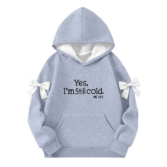 dazeni Yes , I'm Still Cold Fleece Lined Hoodies for Teen Girls Cute Bow Oversized Hoodies with Pockets Fashion Long Sleeve Preppy Clothes Gray 120