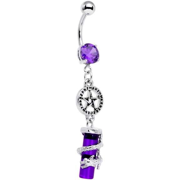 Body Candy Womens 14G Steel Navel Ring Piercing Purple Accent Dragon Pentagram Dangle Belly Button Ring