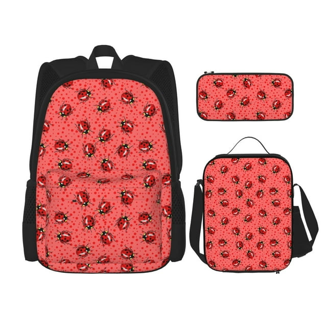 Easygdp Ladybugs On Red Polka Dot Mochila para Niños y Niñas con Set de Caja de Almuerzo y Estuche para Lápices 3 en 1, Mochila Escolar Estampada para Adolescentes