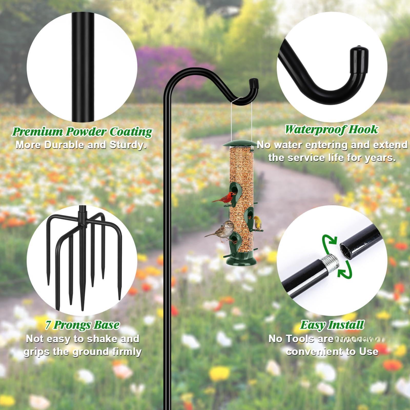 Adjustable Shepherd Hook Bird Feeder Pole With 7 Prongs Base  108 Inch Tall 5/8 Thick Heavy Duty Outdoor Poles For Hanging Feeders Plant Baskets Black (1 Pack)