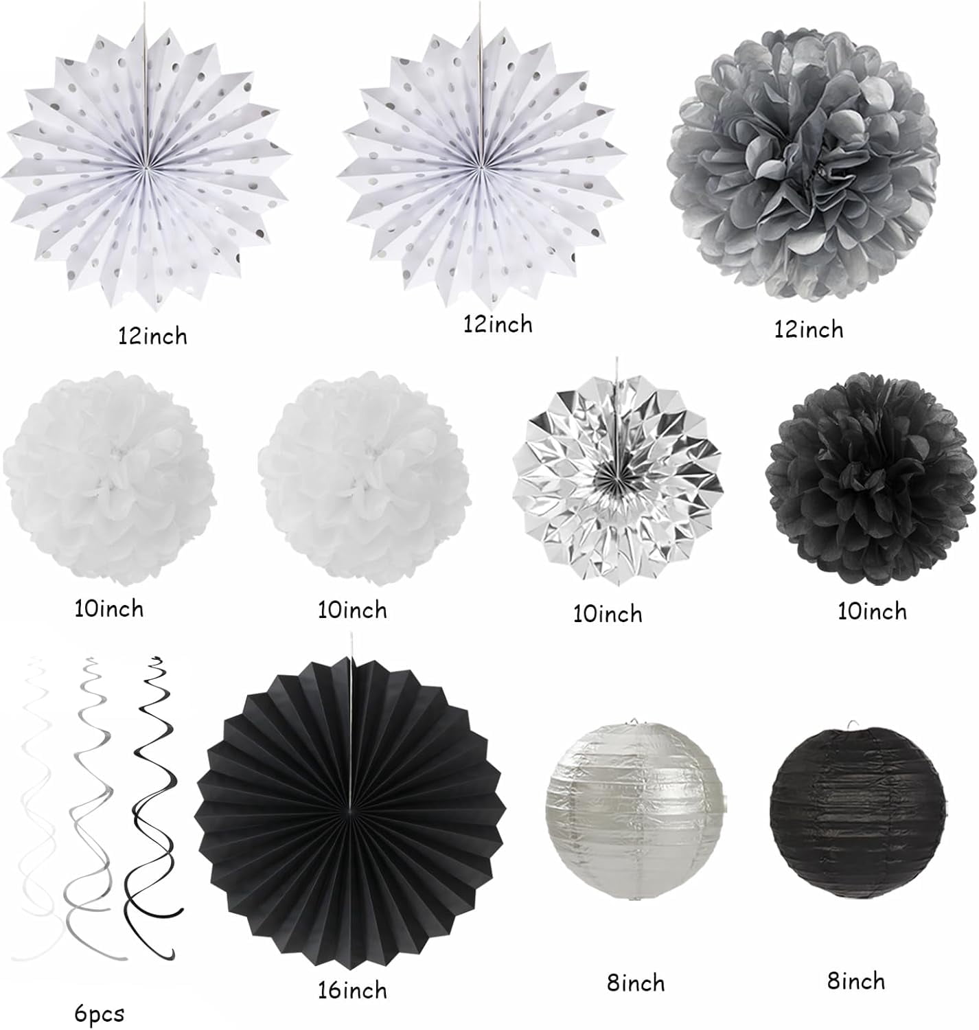 NestE Black White-Silver Party-Decorations - 33pcs Kits Banner,Graduation Streamer Tassel Garland,Tissue Pom Poms Honeycomb,Paper Lantern Fans,Birthday Wedding Baby Bridal Shower New Years Decor