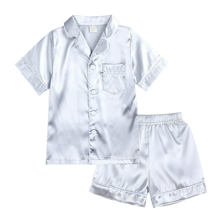 

JIEU Children s Home Suit Set Summer Solid Buckle Lapel Short Sleeve Top without Pocket Shorts Casual Breathable Home（1/13Y）