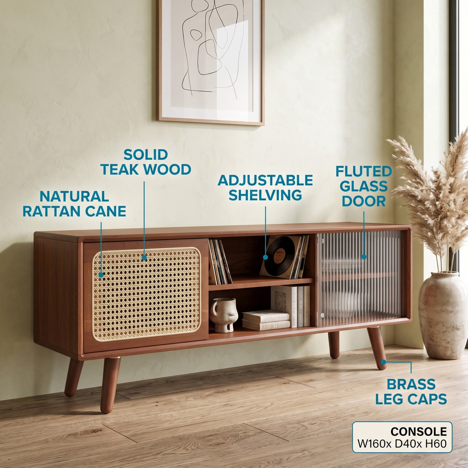 Furnibear Modern TV Stand for TVs up to 55 Inch, Bamboo Entertainment Center with Rattan Tempered Glass Sliding Doors, Adjustable Shelf & Cable, Natural Brown