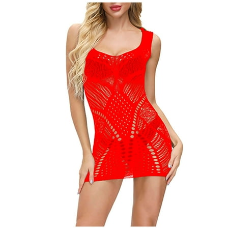 Sentmoon Lingerie for Women Sexy Womens Lingerie Fishnet Seamless Mesh Netting Chemise Hollow Out Perspective Dress Sleepwear Nightwear Nightdress Valentines Lingerie Valentines Day Gifts for Her Cle
