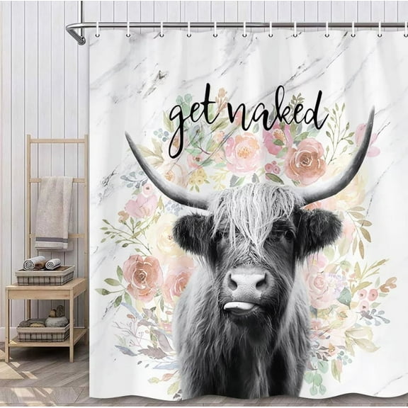 Get Naked Fabric Shower Curtain, Farmhouse Highland Cow Bull Shower Curtain with Hooks, Funny Cattle Bull Cow Floral on Marble Bathroom Curtain , 36X72in