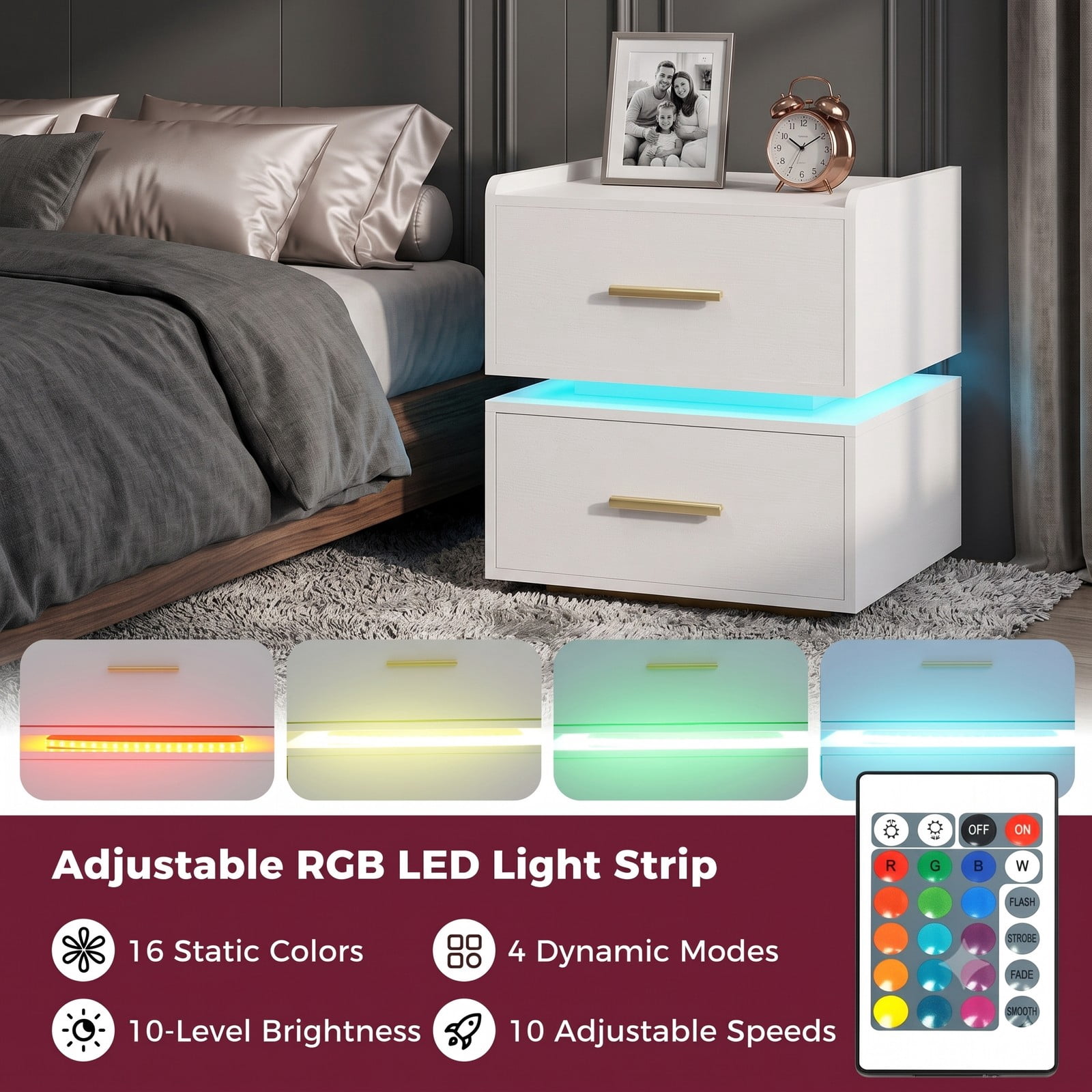 Furnibear LED Nightstand with Charging Station and 2 Storage Drawers, RGB Bedside Table with Semi-floating Design for Bedroom, White