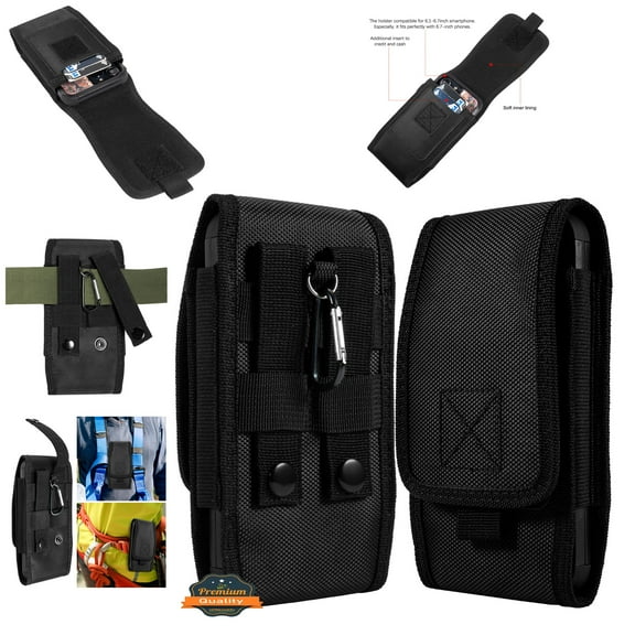 Universal Vertical CellPouch Nylon Phone Holster with Belt Clip Loop, Carabiner and Credit Card Slot Fit XXL Device with Otterbox Case ,Xpm [ Black ]