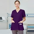 thumbnail image 4 of Qwertyu Women's Scrub Tops Plus Size Stretch Nursing Scrubs V-Neck Short Sleeve Working Uniform with Pockets Dark Purple XL, 4 of 5