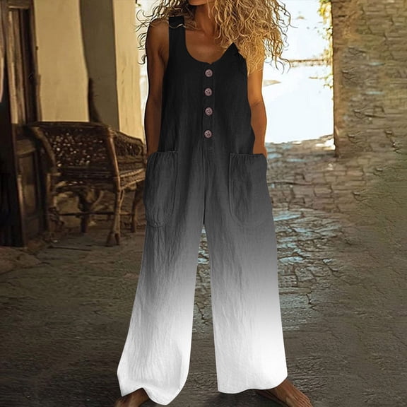 BEFOKA Womens Jumpsuits Casual Sleeveless Boho Wide Leg One Piece Jumpsuits Gradient Baggy Overalls with Pocket Crew Neck Beach Vacation Summer Rompers L