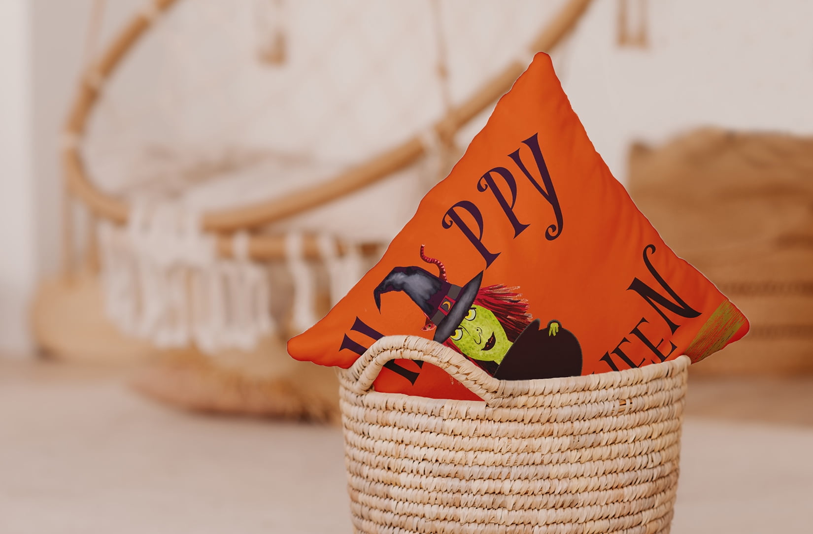 18" x 18" Simply Daisy Happy Halloween Witch Polyester Indoor/Outdoor Pillow, Dusty Orange Qty 1