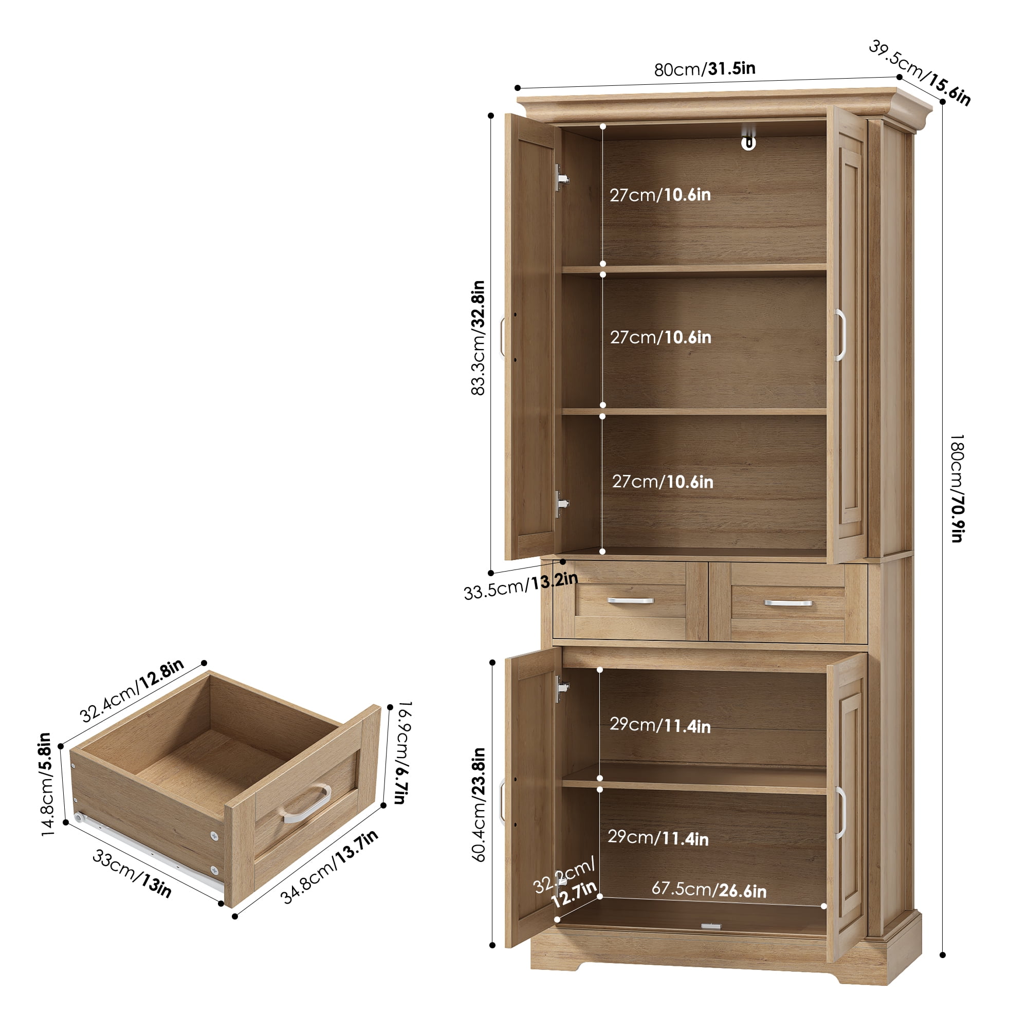 Homfa 70.9'' Tall Kitchen Pantry with 4 Doors, 2 Drawer Modern Freestanding Storage Cabinet for Dining Room Living Room, Nature Wood