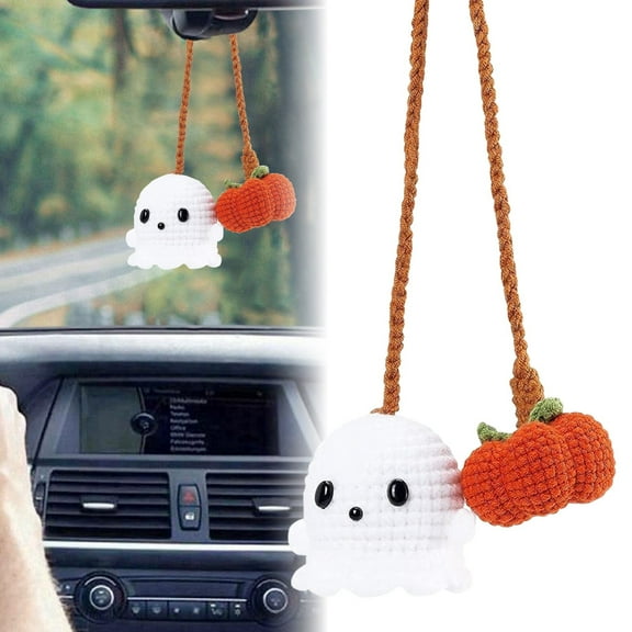 Crochet Halloween Car Accessories - Handmade Ghost & Pumpkin Hanging Ornament for Rear View Mirror, Cute Interior Decor Gift for Women & Teens