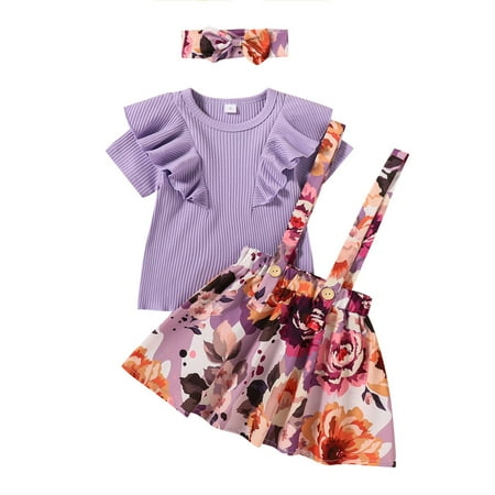 

HIBRO Kids Toddler Baby Girls Short Ruffled Sleeve Ribbed T Shirt Tops Floral Print Suspender Skirt With Headbands 3PCS Set 18 Doll Clothes Bundle Girls Crop Outfit