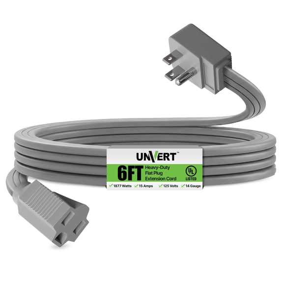 Heavy Duty Flat Extension Cord, 6 Ft Wire Gray Flat Plug Extension Cord for Air Conditioner, Refrigerator and Major Appliances 3 Prong Cord, Indoor Use