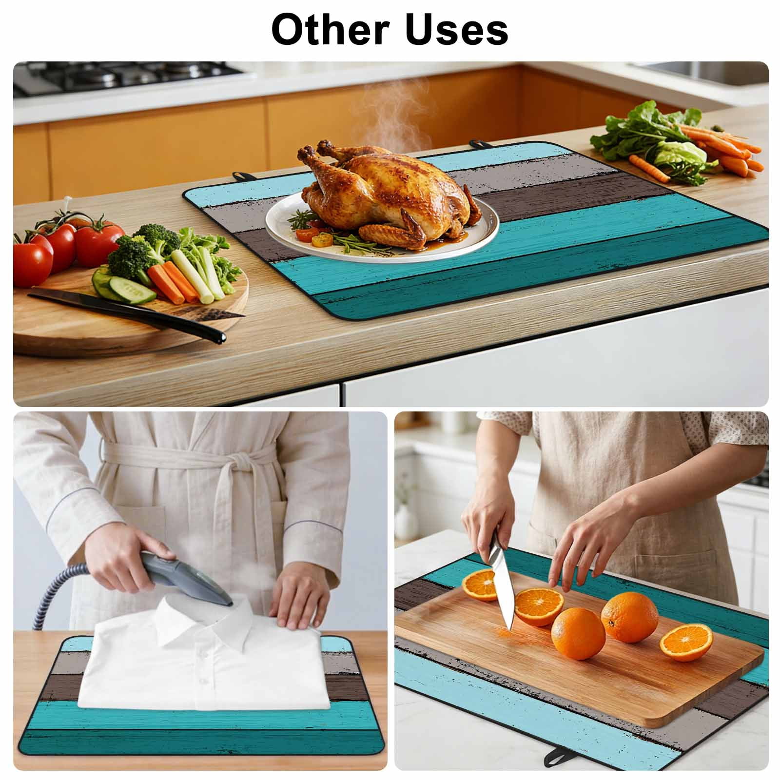 Aqua Grey Stove Top Cover for Electric Stove, Heat-proof & Non Slip Glass Top Stove Cover Protector, Vintage Stripe Farmhouse Wood Grain Ombre Kitchen Flat Cooktop Rubber Mat 31x24 Inches