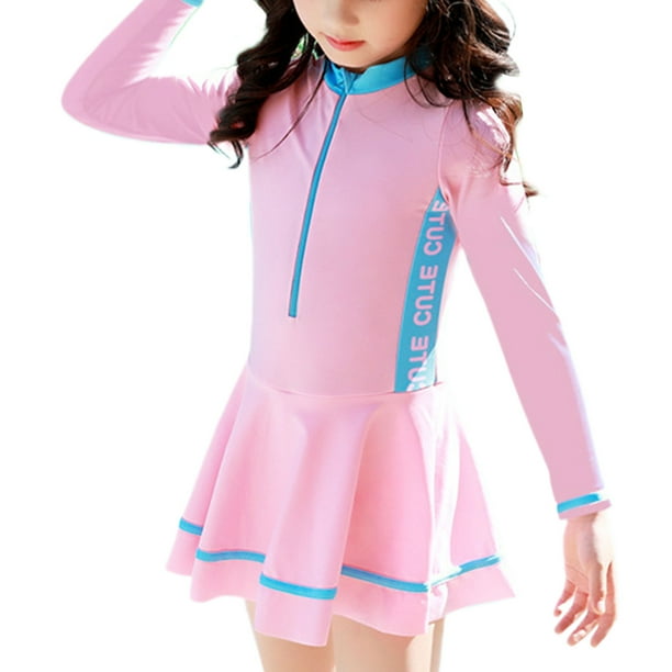 Traje de baño Soidarity de poliéster rosa manga larga con empalme de contraste