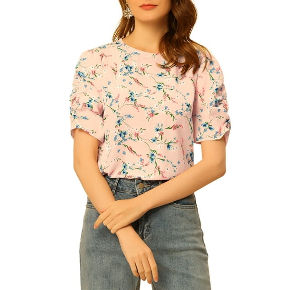 MODA NOVA Juniors Elegant Crew Neck Shirred Sleeve Keyhole Back Floral Blouse