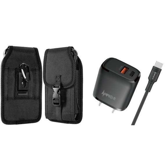 Holster and Power Adapter Bundle for Schok Freedom Turbo XL 2022: Vertical Nylon Belt Pouch Buckle Case (Black) and 38W Dual USB Port (Type-C PD / USB-A) Wall Charger