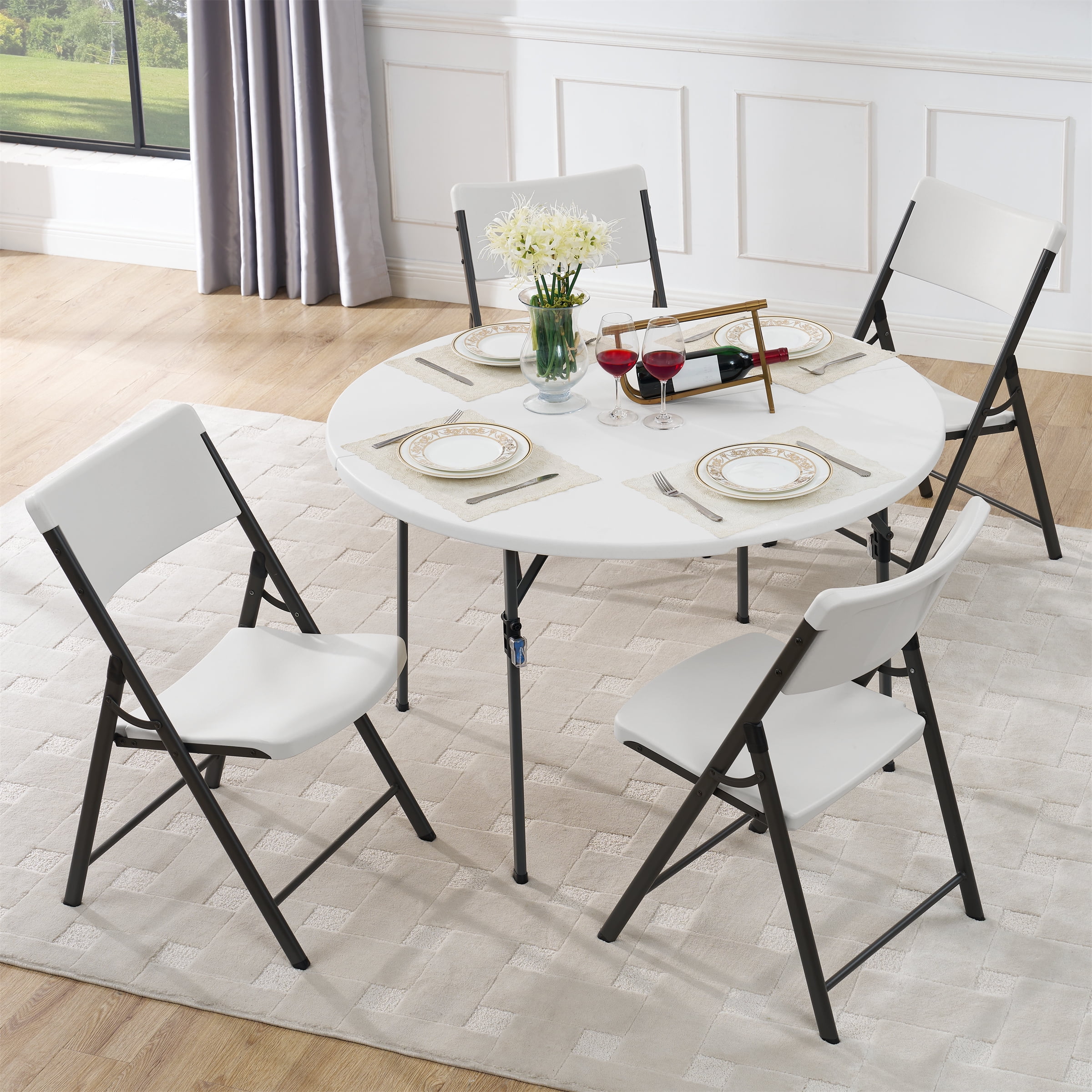 Mainstays 4 Foot Fold-in-Half Round Plastic Table, Indoor Outdoor, White