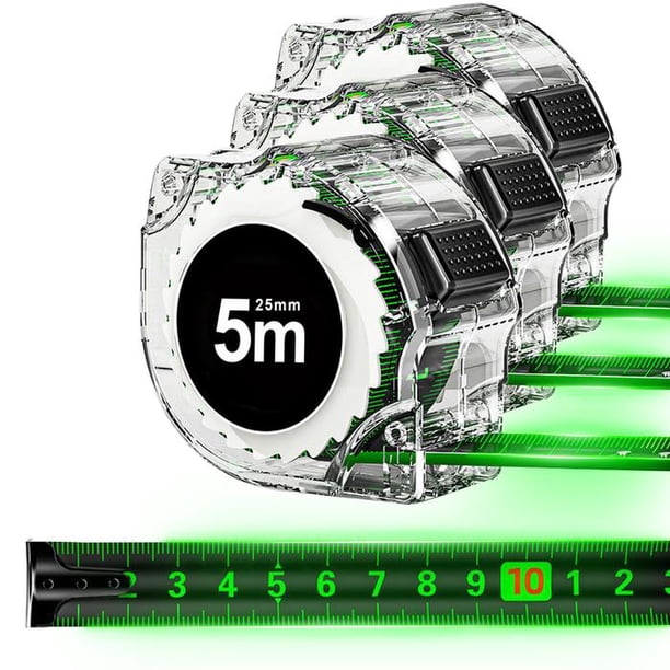 Flexómetro Herrería Fluorescente FlexGlow 3 Pzas 5mx25mm ABS y Acero al Carbono Negro y Verde.