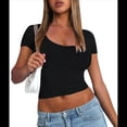 thumbnail image 3 of Camisetas de Corta para Mujer, Informales, Básicas, de Verano, con Cuello Redondo, Corte Entallado, de Punto Acanalado, para Trabajo y Negocios. Negro M, 3 of 9