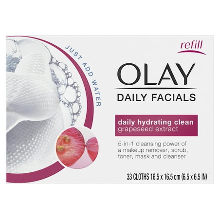 - Olay Daily Facial Hydrating Cleansing Cloths w/ Grapeseed Extract, Makeup Remover, 33 Count