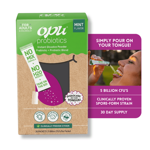 Opu Probiotics Mint Flavor Daily Probiotic Powder, Pour-On-Tongue Stick Packs, 30 Count