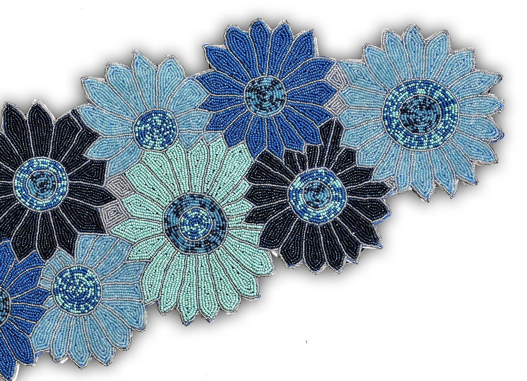 Handmade Beaded Table Runner, Blue Floral Table Runner, Spring Tableware 13X36 Inch