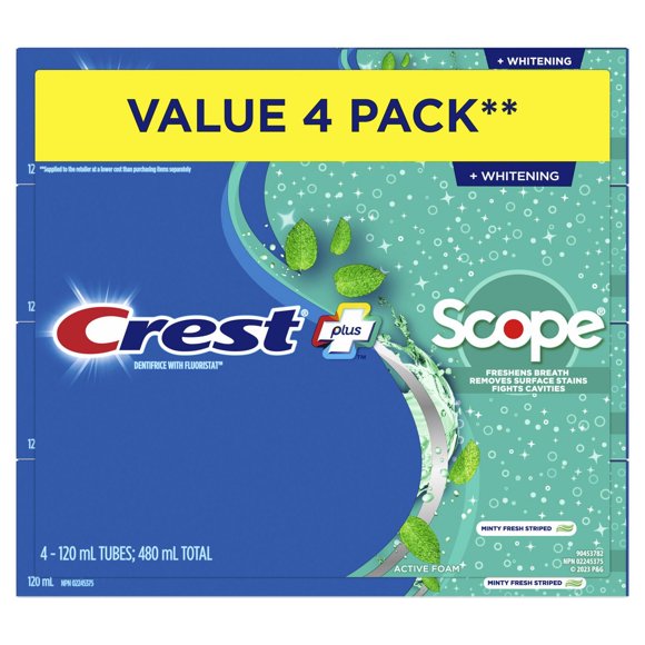 Crest Whitening Plus Scope Toothpaste, Minty Fresh, 120mL, Pack of 4