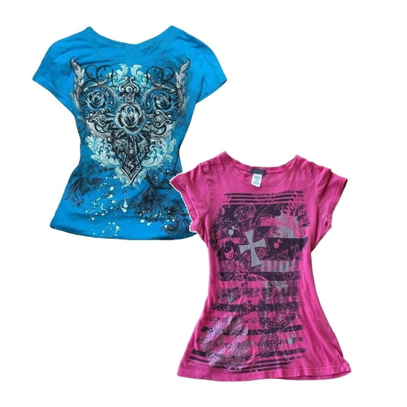 vigerkar Women's Shirts Clothes Vintage Graphic Tee Y2k 2000s Goth Top Women Short Sleeve Streetwear, Pack of 2 (Blue 1PCS & Hot Pink 1PCS, S)