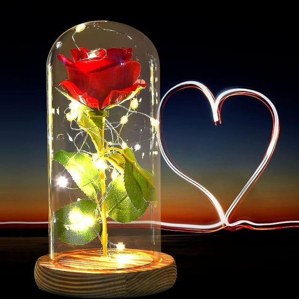 Rosa De Cristal,el Mejor Regalo Para Mamá,Rosa Roja Con Luz Rosa Encantada En Cúpula De Vidrio (hy)