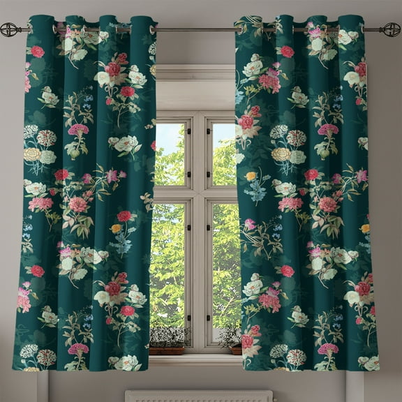 Ambesonne Floral Scene Grommet Curtain, Jungle Dreamy Flower, 50"x60", Hunter Green Pale Pink