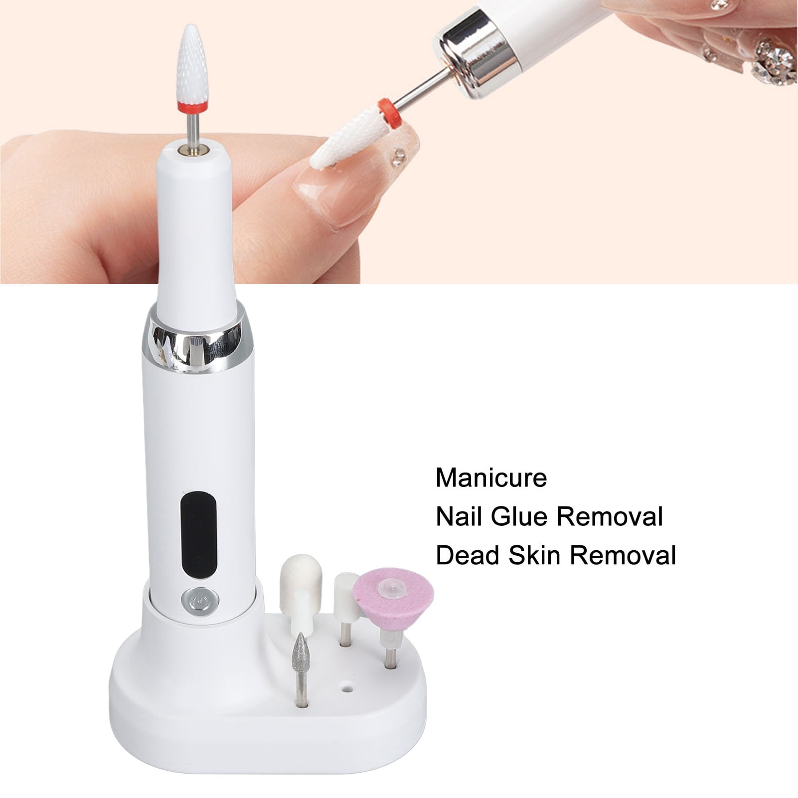 YAHHU Portable Electric Nail Drill Machine 15000 RPM 3 Gears CW CCW Rotation Rechargeable Polishing Kit with 12 Grinding Heads, White
