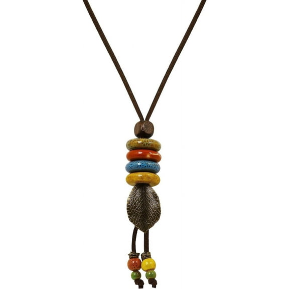 Hippie Boho Colorful Beads Lucky Leaf Long Leather Necklace, Bohemian Jewelry Gift for Women