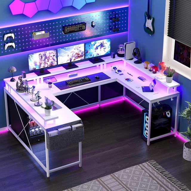 Eastvita Bureau de Bureau à Domicile en Forme de U de 126 Pouces avec Forme en L Réversible/éclairage DEL RVB Dynamique/prises de Courant Intégrées/ports USB/support Complet pour Moniteur/étagères de Rangement/crochets/rangement...