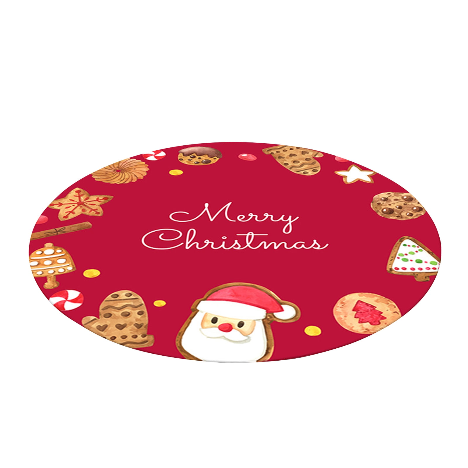 Round Mat Decor Mat Accent Mat Holiday Mat Christmas Printed Floor Mat Semi‑Gloss Polyester Surface Cookie‑Santa‑Figure Graphic Ornament for Living Room Household Indoor Party Decoration