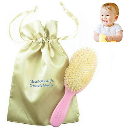 Bass Natural Satin - Bass Baby BS27 Hair Brush,100% Pure Soft White Natural Bristles and Gold Satin Brush Travel Bag. For Newborns Infants and Toddlers with Fine Hair. Detangle Hair, Massage and Stimulate the