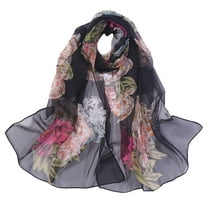 iOPQO Scarf Fashion Women Flower Print Long Soft Wrap Scarf Silk Shawl Scarves scarf Black