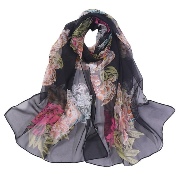 Weikingp Scarf for Women Fashion Women Flower Print Long Soft Wrap Scarf Simulation Silk Shawl Scarves Neck Scarf Warm Scarf () Black Polyester