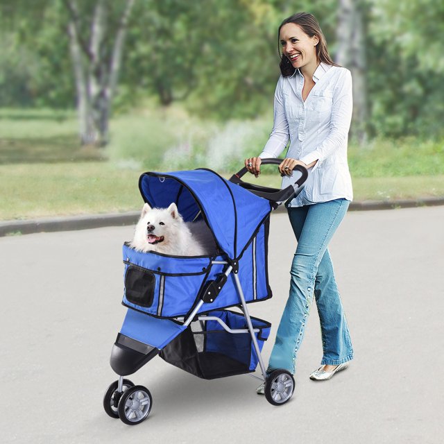 YYAO Chien Pet Chariot de Chat, 3 Roues Pliant Petit et Moyen Chien et Chat Poussette Pet, Bleu