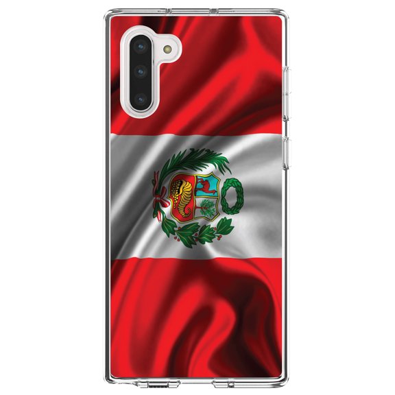 DistinctInk Clear Shockproof Hybrid Case for Samsung Galaxy Note 10 (6.3" Screen) - TPU Bumper, Acrylic Back, Tempered Glass Screen Protector - Peru Waving Flag - Peru