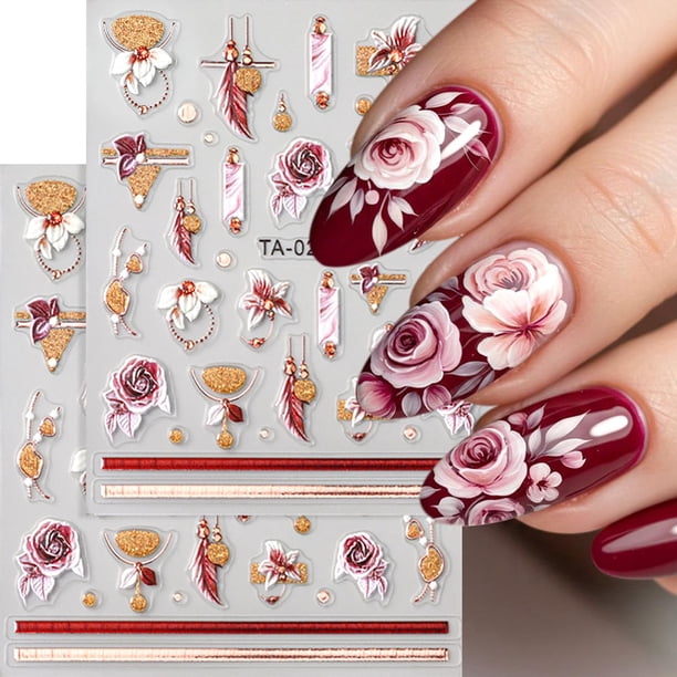 Pegatinas para decoración de uñas BSBTBZ con flor grabada en 5D para mujer