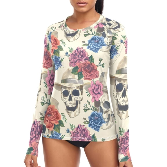 joogoo Womens UPF 50 Sun Shirts Skulls with Floral Long Sleeve UV Protection Rash Guard Tops S