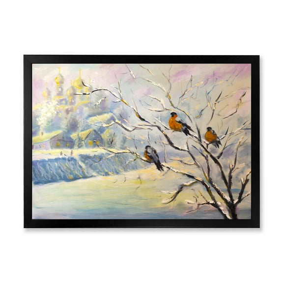 Designart 'Rustic Birds Sitting On A Tree In Winter Village' Farmhouse Framed Art Print